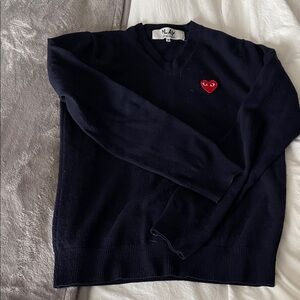Comme des Garcons Navy V-Neck Sweater with Red Heart Logo